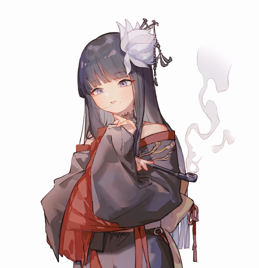 1girl, bare_shoulders, black_collar, black_hair, black_kimono, blue_eyes, blunt_bangs, blunt_ends, chibi, chinese_commentary, collar, commentary_request, cowboy_shot, final_fantasy, final_fantasy_xiv, flower, hair_flower, hair_in_own_mouth, hair_ornament, hand_up, holding, holding_smoking_pipe, japanese_clothes, kimono, kiseru, lace_collar, long_hair, long_sleeves, mole, mole_under_mouth, obi, off_shoulder, parted_lips, rocco, sash, sidelocks, simple_background, smoke, smoking_pipe, solo, standing, straight_hair, white_background, wide_sleeves, yotsuyu_goe_brutus