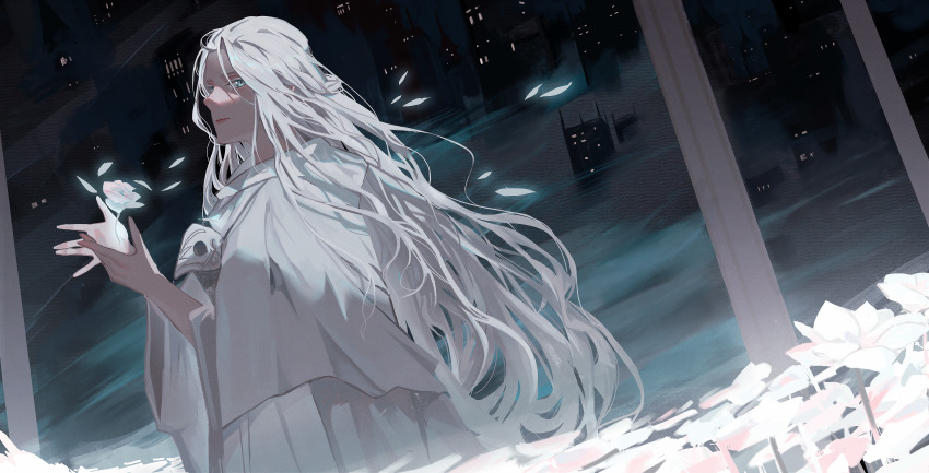 1girl, absurdres, amaurot, blue_eyes, braid, capelet, city, dutch_angle