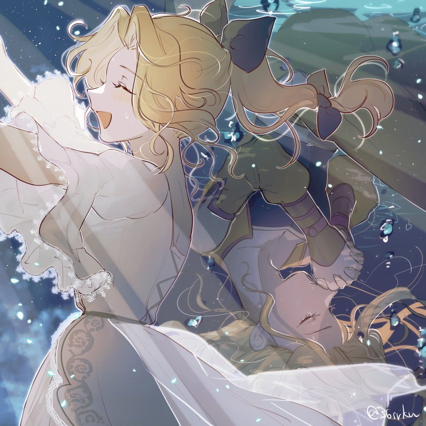 1girl, absurdres, air_bubble, amano_yoshitaka_design, ass, blue_shil_of_mercy, bow, breasts, bubble, celes_chere, cleavage, closed_eyes, detached_sleeves, dress, final_fantasy, final_fantasy_vi, hair_bow, hanaon, highres, light_rays, long_dress, medium_breasts, medium_hair, multi-tied_hair, multiple_views, official_alternate_costume, open_mouth, outstretched_arms, own_hands_clasped, own_hands_together, pants, parted_bangs, ponytail, puffy_short_sleeves, puffy_sleeves, short_sleeves, smile, underwater, upper_body, vest, wavy_hair, white_dress, yellow_pants, yellow_vest