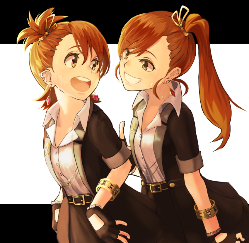 2girls, belt, blush, brown_eyes, brown_hair, earrings, fingerless_gloves, flat_chest