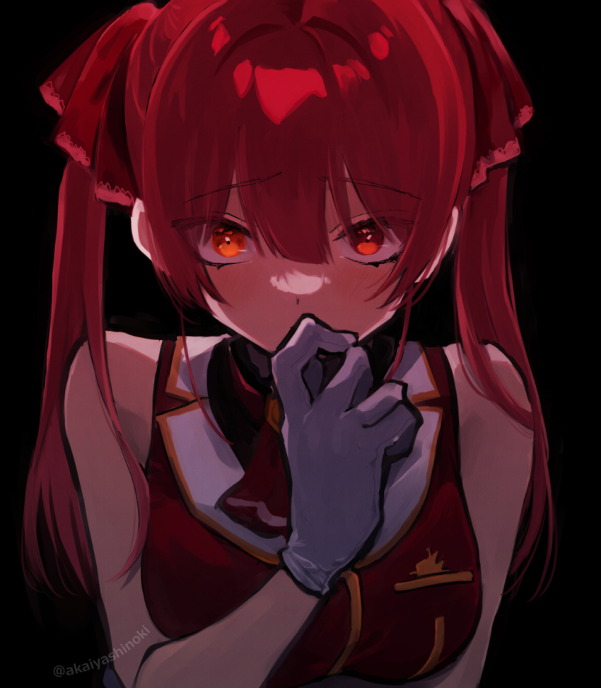 1girl, akaishi_yashi, ascot, brooch, covering_own_mouth, gloves, hair_ribbon, hand_up, heterochromia, highres, hololive, houshou_marine, jewelry, long_hair, looking_at_viewer, red_eyes, red_hair, ribbon, shaded_face, sleeveless, sleeveless_jacket, solo, twintails, twitter_username, virtual_youtuber, yellow_eyes