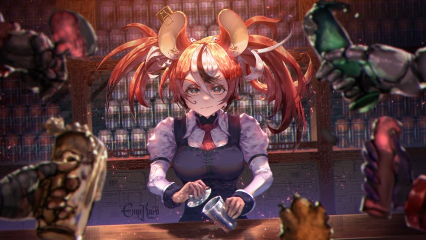 1girl, animal_ears, annoyed, black_dress, black_hair, blue_eyes, breasts, collared_shirt