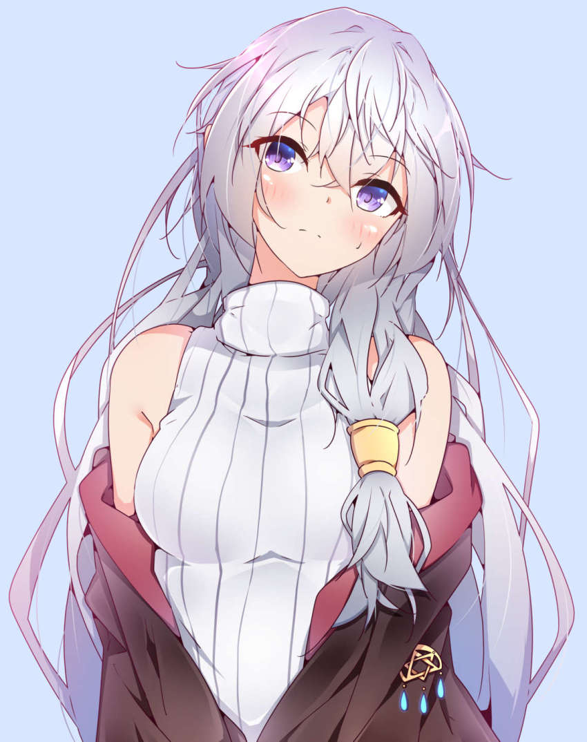 1girl, bare_shoulders, blush, brooch, elaina_(majo_no_tabitabi), grey_hair, grey_sweater, hair_between_eyes