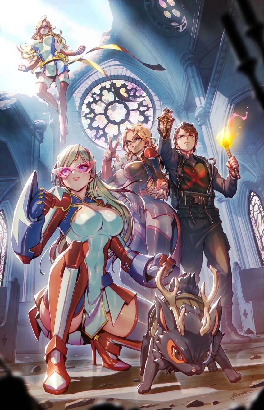 1boy, 3girls, antlers, armor, black_boots, black_hops, blonde_hair, blue_eyes