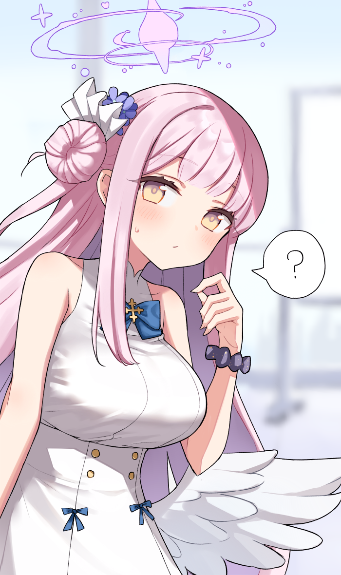 1girl, ?, azu_(azusayumix), bare_arms, bare_shoulders, black_scrunchie, blue_archive, blue_bow