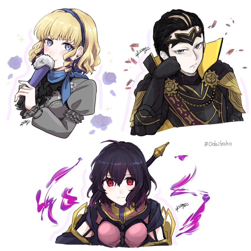 1boy, 2girls, black_hair, blonde_hair, constance_von_nuvelle, earrings, fafnir_(fire_emblem), fire_emblem