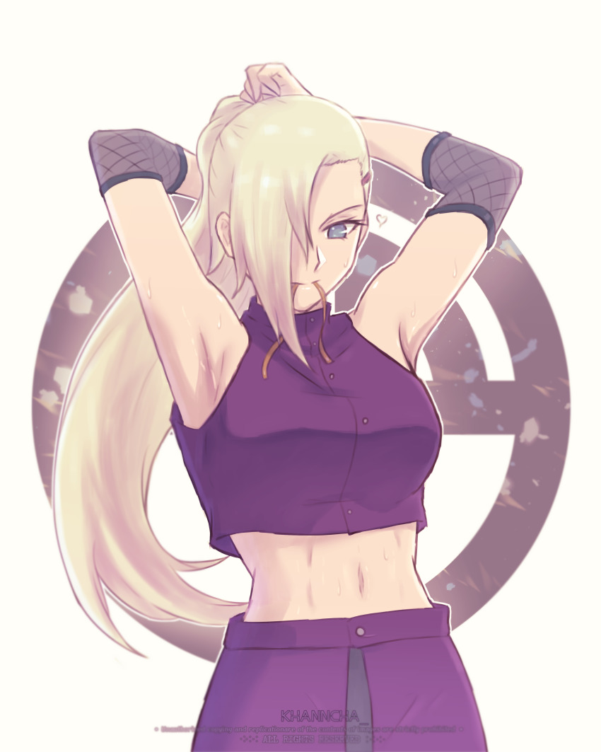 absurdres, arm_up, armpits, arms_up, asymmetrical_hair, blonde_hair, breasts, green_eyes, hair_ornament, hairband, highres, khanncha, knzo, large_breasts, md5_mismatch, midriff, naruto_(classic), naruto_(series), naruto_shippuuden, ponytail, resolution_mismatch, sandp1e, source_smaller, sweat, yamanaka_ino