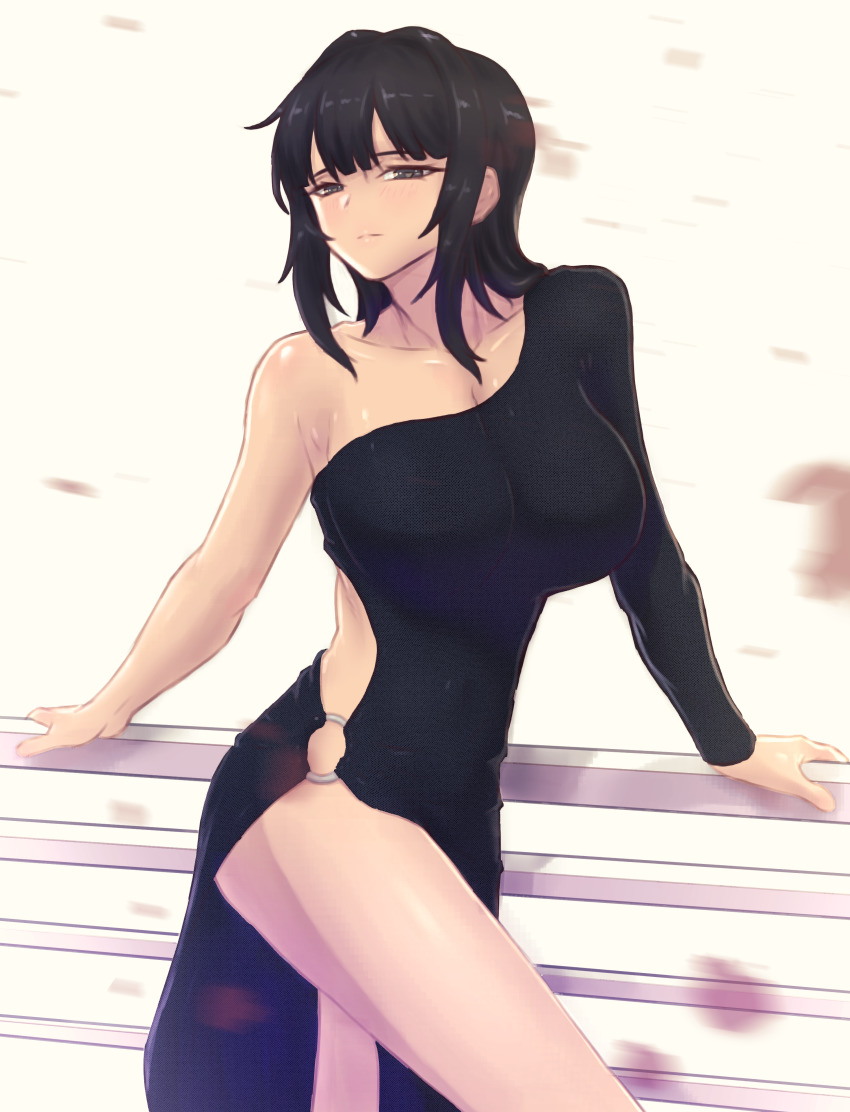 1girl, absurdres, black_dress, black_eyes, black_hair, blush, breasts, dress