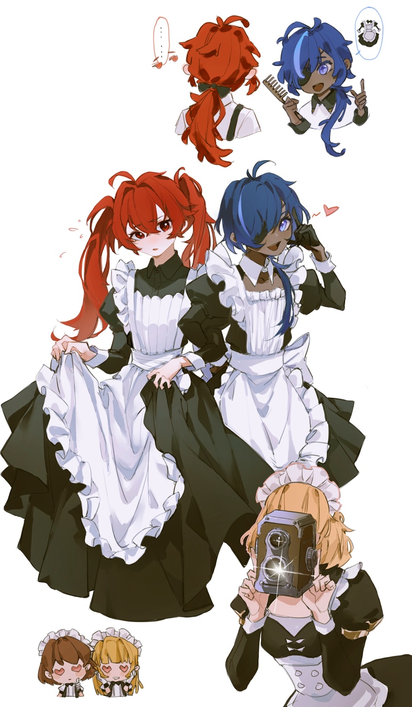 2boys, 3girls, 57friend, absurdres, adelinde_(genshin_impact), alternate_costume, alternate_hairstyle, apron, black_dress, black_gloves, blonde_hair, blue_eyes, blue_hair, brown_hair, camera, comb, crossdressing, dark-skinned_male, dark_skin, diluc_(genshin_impact), dress, enmaided, eyepatch, genshin_impact, gloves, hair_between_eyes, heart, heart-shaped_eyes, highres, hillie_(genshin_impact), holding, holding_camera, holding_own_dress, kaeya_(genshin_impact), long_hair, long_sleeves, maid, maid_headdress, moco_(genshin_impact), multicolored_hair, multiple_boys, multiple_girls, multiple_views, open_mouth, parted_lips, ponytail, red_eyes, red_hair, short_hair, simple_background, streaked_hair, taking_picture, twintails, white_apron, white_background, white_gloves