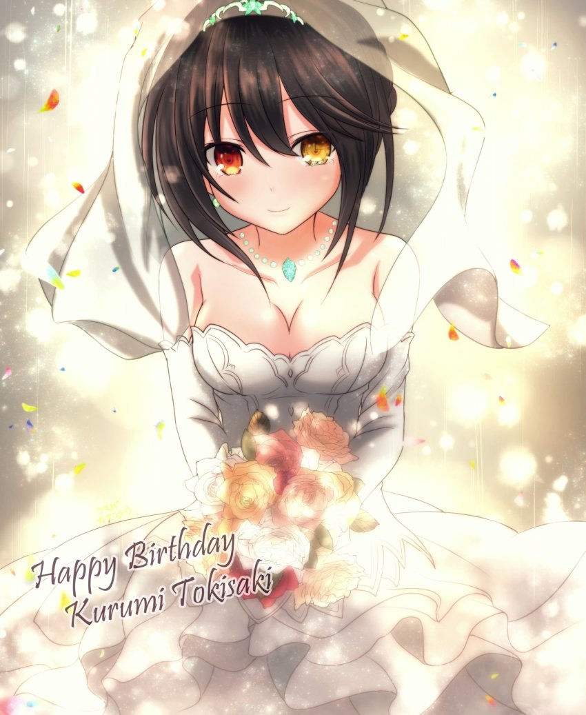 1girl, black_hair, bouquet, breasts, bridal_veil, bride, character_name, cleavage