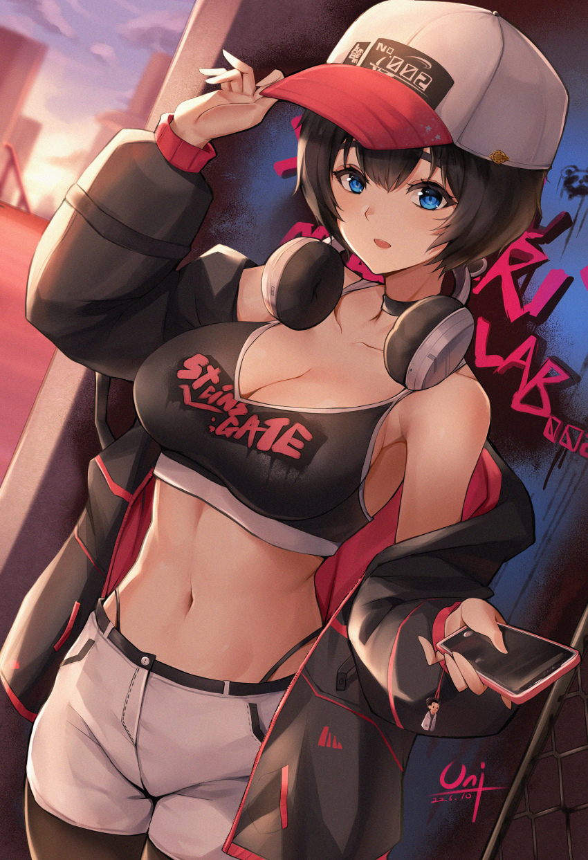 1girl, absurdres, alternate_costume, bare_shoulders, baseball_cap, black_choker, black_hair, black_jacket