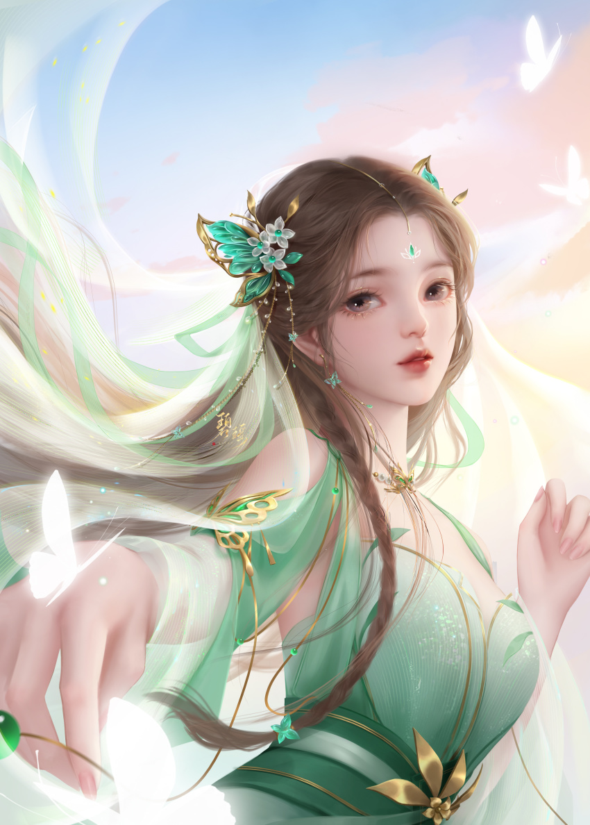 1girl, absurdres, bi_yao_(zhu_xian), bi_yao_zhuye, brown_hair, bug, butterfly, chinese_clothes