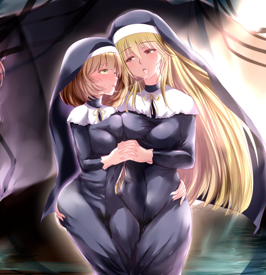 2girls, after_kiss, andrew_(duel_angel), blonde_hair, blush, breast_press, breasts, brown_hair, commentary, duel_monster, exosister_elis, exosister_stella, eyes_visible_through_hair, gloves, green_eyes, hand_on_another's_hip, height_difference, highres, holding_hands, large_breasts, long_hair, looking_at_another, medium_breasts, multiple_girls, nun, orange_eyes, saliva, saliva_trail, symmetrical_docking, traditional_nun, white_gloves, yu-gi-oh!, yuri