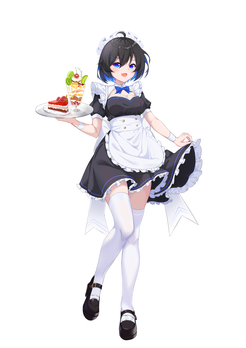 1girl, :d, absurdres, ai_ke_le_de_xiao_hong, alternate_costume, apron, black_dress, black_hair
