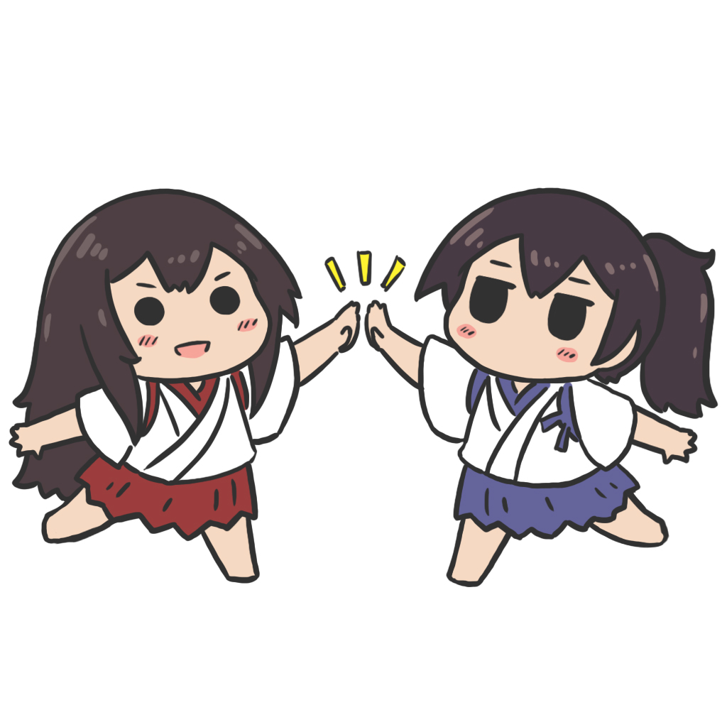 2girls, akagi_(kancolle), blue_skirt, blush, brown_hair, commentary_request, hakama, hakama_short_skirt