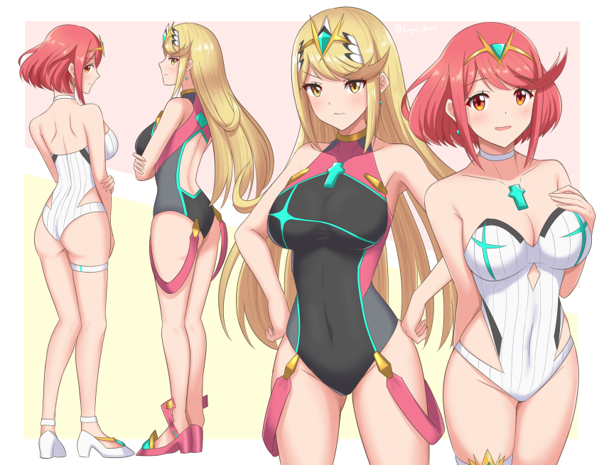 2girls, :d, absurdres, arm_behind_back, ass, bare_arms, bare_legs, bare_shoulders, black_one-piece_swimsuit, blush, breasts, casual_one-piece_swimsuit, chest_jewel, choker, cleavage, closed_mouth, collarbone, commentary_request, competition_swimsuit, cosplay, costume_switch, covered_navel, cowboy_shot, crossed_arms, earrings, embarrassed, from_behind, from_side, full_body, gem, hair_ornament, hand_on_own_chest, hands_on_own_hips, headpiece, high_heels, highres, jewelry, large_breasts, long_hair, looking_at_viewer, multiple_girls, mythra_(radiant_beach)_(xenoblade), mythra_(radiant_beach)_(xenoblade)_(cosplay), mythra_(xenoblade), one-piece_swimsuit, open_mouth, pumps, pyra_(pro_swimmer)_(xenoblade), pyra_(pro_swimmer)_(xenoblade)_(cosplay), pyra_(xenoblade), red_eyes, red_footwear, red_hair, red_one-piece_swimsuit, ribbed_swimsuit, ryochan96154, short_hair, shy, smile, standing, strapless, strapless_one-piece_swimsuit, striped_clothes, striped_one-piece_swimsuit, swept_bangs, swimsuit, thigh_strap, tiara, twitter_username, two-tone_background, two-tone_swimsuit, vertical-striped_clothes, vertical-striped_one-piece_swimsuit, very_long_hair, white_footwear, white_one-piece_swimsuit, xenoblade_chronicles_(series), xenoblade_chronicles_2, yellow_eyes