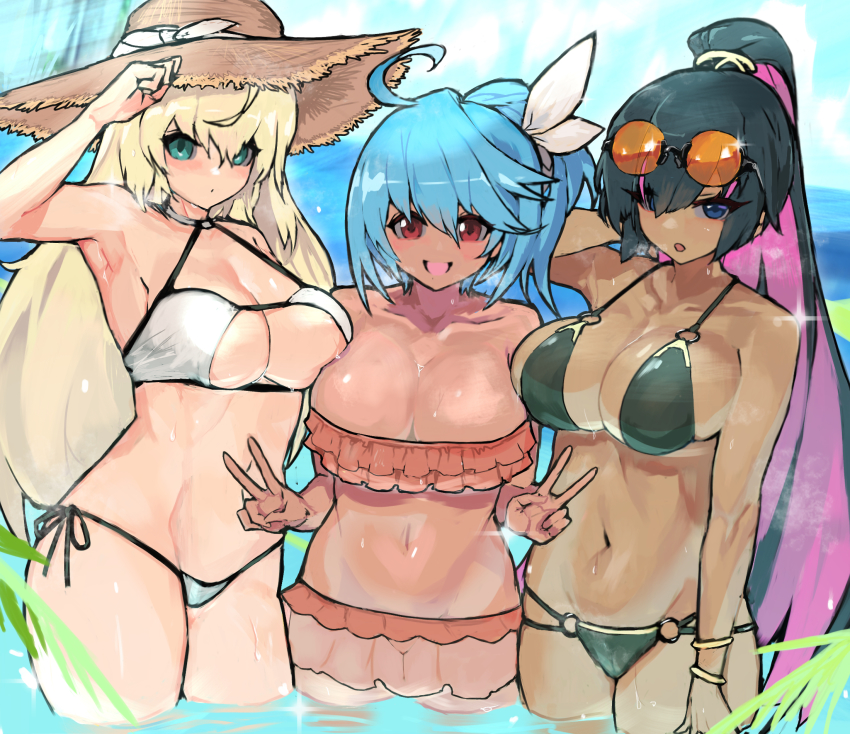 3girls, aina_(pso2ngs), bikini, blonde_hair, blue_eyes, blue_hair, blush, breasts, collarbone, dark-skinned_female, dark_skin, double_v, green_eyes, groin, hat, high_ponytail, highres, large_breasts, light_blue_hair, long_hair, manon_(pso2), medium_breasts, medium_hair, multicolored_hair, multiple_girls, nadereh_(pso2ngs), navel, ocean, partially_submerged, phantasy_star, phantasy_star_online_2, phantasy_star_online_2_new_genesis, pink_hair, ponytail, red_eyes, side_ponytail, steaming_body, sun_hat, sweat, swimsuit, v, very_long_hair, vinushka, wet