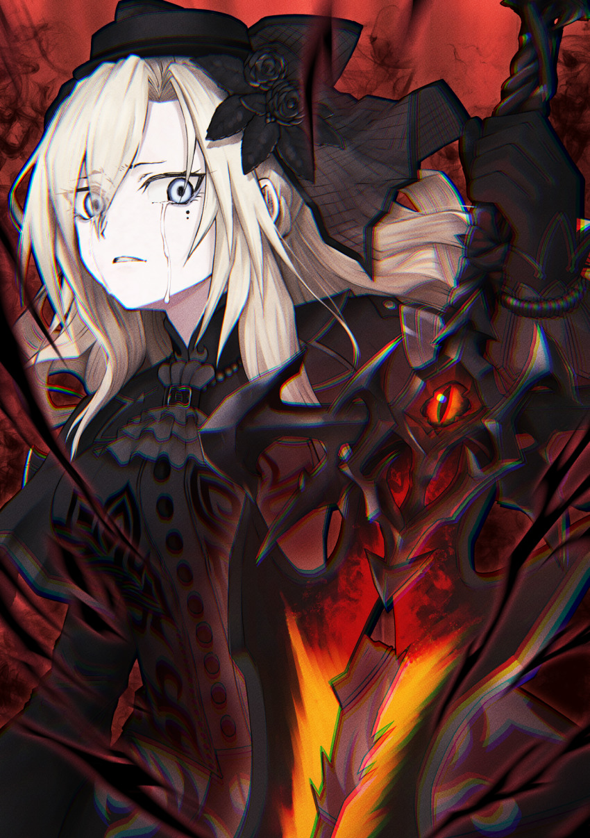 1girl, ascot, black_capelet, black_dress, black_flower, black_gloves, black_hat, black_rose