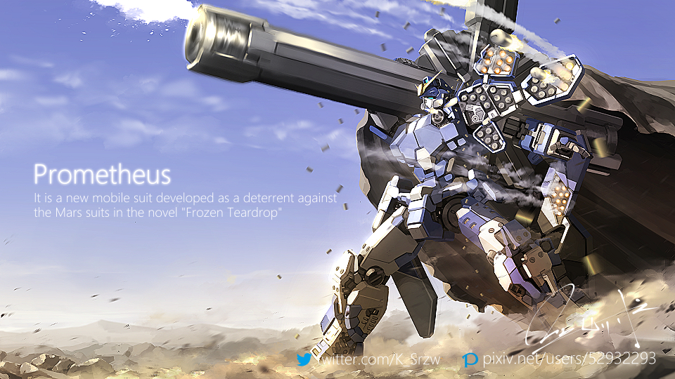 blue_eyes, brown_cloak, cloak, firing, gun, gundam, gundam_prometheus, gundam_wing