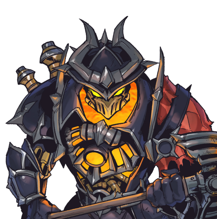 1boy, armor, black_gloves, full_armor, gloves, glowing, glowing_eyes, hat, high_noon_mordekaiser, holding, holding_weapon, league_of_legends, looking_at_viewer, male_focus, mordekaiser, orange_eyes, phantom_cross, solo, weapon