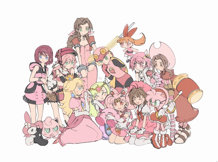 6+girls, ^_^, aerith_gainsborough, alien, amy_rose, annotated, bishoujo_senshi_sailor_moon, blossom_(ppg), bow, brown_hair, cardcaptor_sakura, cartoon_network, chibi_usa, closed_eyes, color_connection, commentary, cone_hair_bun, crossover, digimon, digimon_adventure, dress, drill_hair, drill_sidelocks, english_commentary, fart, female_focus, final_fantasy, final_fantasy_vii, furry, furry_female, gen_1_pokemon, genshin_impact, green_eyes, hair_bun, hair_ribbon, hammer, highres, holding, holding_hammer, hood, hoodie, jigglypuff, kairi_(kingdom_hearts), kingdom_hearts, kingdom_hearts_iii, kinomoto_sakura, kinomoto_sakura_(magician), kirby, kirby_(series), kukakooo, mario_(series), mega_man_(series), mega_man_battle_network, mega_man_battle_network_(series), multiple_crossover, multiple_girls, my_melody, my_melody_(series), nickelodeon, nintendo, ootori_emu, open_mouth, orange_hair, pink_dress, pink_headwear, pink_hoodie, pink_skirt, pink_theme, pokemon, pout, powerpuff_girls, princess_peach, princess_zelda, project_sekai, red_bow, red_dress, red_ribbon, ribbon, roll.exe_(mega_man), sailor_chibi_moon, sanrio, sidelocks, skirt, smile, sonic_(series), squatting, super_mario_bros._1, tachikawa_mimi, the_legend_of_zelda, the_legend_of_zelda:_the_wind_waker, toon_zelda, trait_connection, yanfei_(genshin_impact)