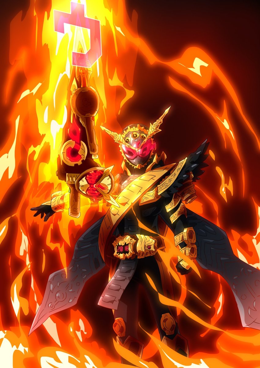 1boy, 2018, apocalypse, armor, black_armor, black_boots, black_gloves, boots, clenched_hand, clock, clock_hands, commission, cowboy_shot, explosion, finishing_move, fire, floating, floating_object, floating_weapon, full_body, gloves, glowing, glowing_eyes, gold_armor, gold_trim, highres, kamen_rider, kamen_rider_zi-o_(series), katakana, levitation, long_coat, male_focus, otokamu, ouma_zi-o, powering_up, red_eyes, rider_belt, rider_watch, skeb_commission, tokusatsu, vest, waistcoat, zikan_girade