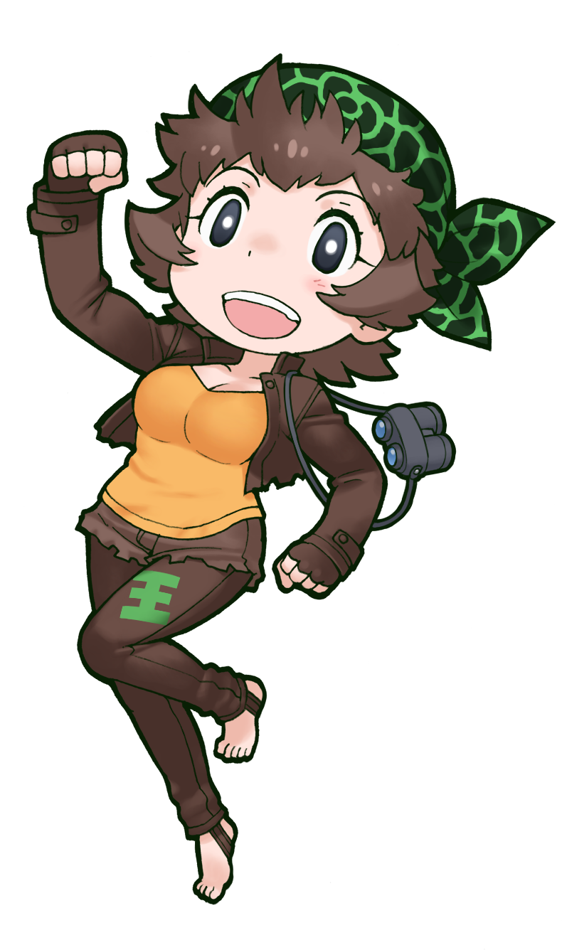 1girl, animal_costume, bandana, binoculars, black_eyes, brown_hair, brown_jacket, brown_pants