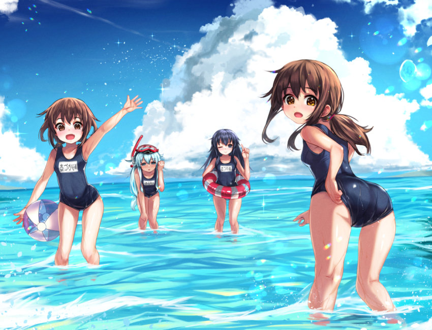 4girls, akatsuki_(kancolle), alternate_costume, alternate_hairstyle, ass, ball, beachball, blue_hair, blue_one-piece_swimsuit, blue_sky, brown_eyes, brown_hair, cloud, day, diving_mask, diving_mask_on_head, goggles, goggles_on_head, hair_between_eyes, hibiki_(kancolle), ikazuchi_(kancolle), inazuma_(kancolle), kantai_collection, light_blue_hair, long_hair, low_ponytail, messy_hair, multiple_girls, nukoyarou, one-piece_swimsuit, one_eye_closed, outdoors, ponytail, purple_eyes, school_swimsuit, short_hair, sky, smile, standing, swimsuit, wading, waving