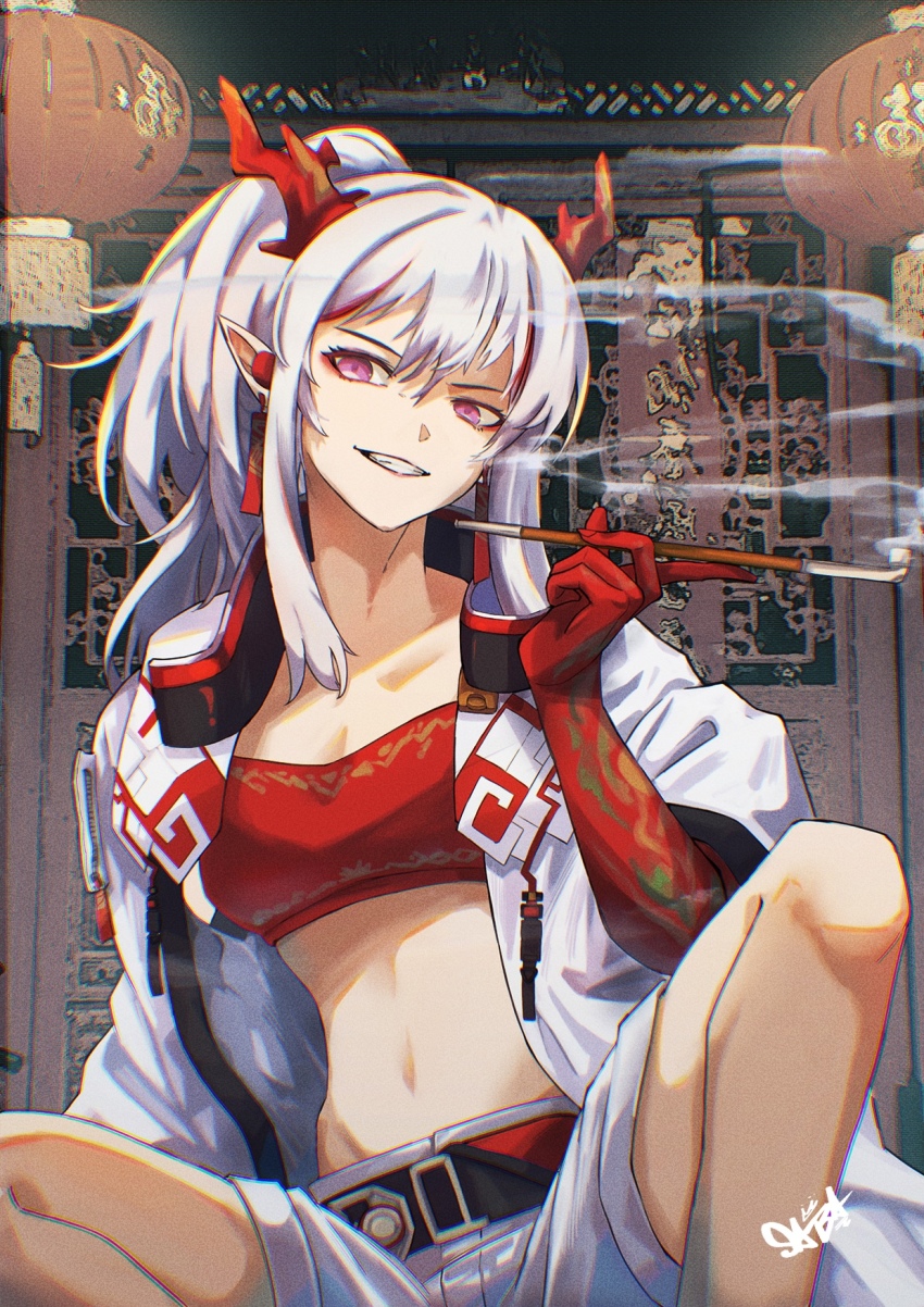 1girl, arknights, bandeau, belt, black_belt, breasts, cleavage, coat, commentary, feet_out_of_frame, grin, half_updo, highres, holding, holding_smoking_pipe, horns, kiseru, long_hair, looking_at_viewer, midriff, navel, nian_(arknights), open_clothes, open_coat, peppsi_(saba_sabasuk0), pointy_ears, purple_eyes, shorts, sidelocks, sitting, smile, smoke, smoking_pipe, solo, stomach, strapless, tube_top, white_coat, white_hair, white_shorts