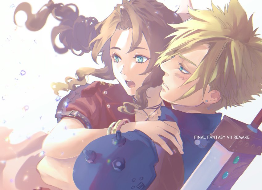 1boy, 1girl, aerith_gainsborough, arms_around_another's_back, blonde_hair, blue_eyes, blue_skirt, blush