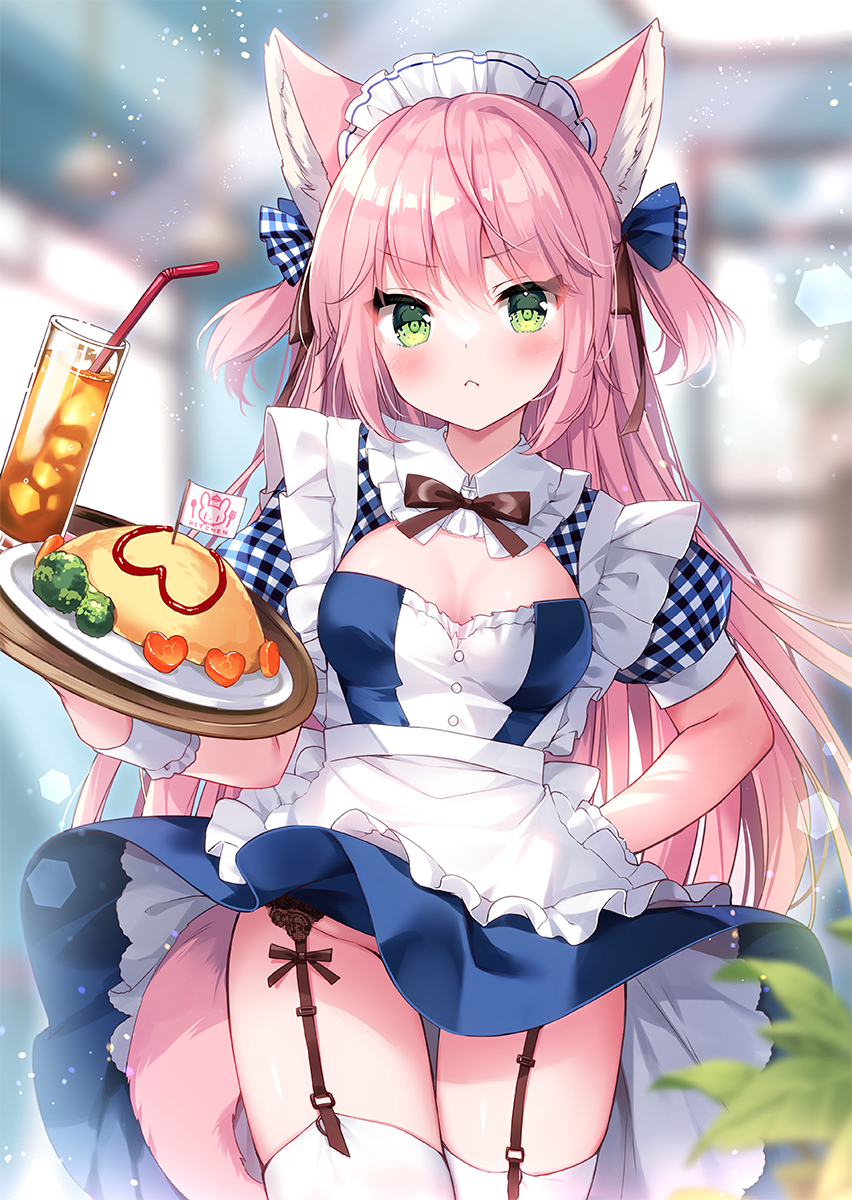 1girl, :<, animal_ear_fluff, animal_ears, arm_behind_back, bendy_straw, blue_dress, blue_ribbon, blurry, blurry_background, blush, bow, breasts, brown_bow, closed_mouth, commentary_request, cup, depth_of_field, dress, drink, drinking_glass, drinking_straw, food, garter_belt, gingham_clothes, gingham_dress, gingham_ribbon, green_eyes, groin, heart, highres, holding, holding_tray, ice, ice_cube, indoors, irori, long_hair, medium_breasts, omelet, omurice, original, pink_hair, plate, puffy_short_sleeves, puffy_sleeves, ribbon, short_sleeves, solo, tail, thighhighs, tray, two-tone_dress, two-tone_ribbon, two_side_up, v-shaped_eyebrows, very_long_hair, white_dress, white_ribbon, white_thighhighs