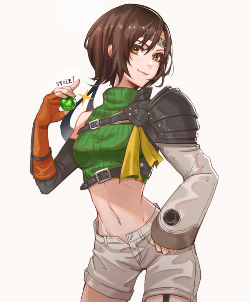 1girl, arm_guards, armor, brown_eyes, brown_hair, chest_strap, final_fantasy, final_fantasy_vii, final_fantasy_vii_remake, fingerless_gloves, gloves, green_shirt, headband, highres, lukrevadraws, materia, midriff, navel, shirt, short_hair, shorts, shoulder_armor, sleeveless, sleeveless_turtleneck, solo, sparkle, square_enix, turtleneck, open_fly, upper_body, white_background, yuffie_kisaragi