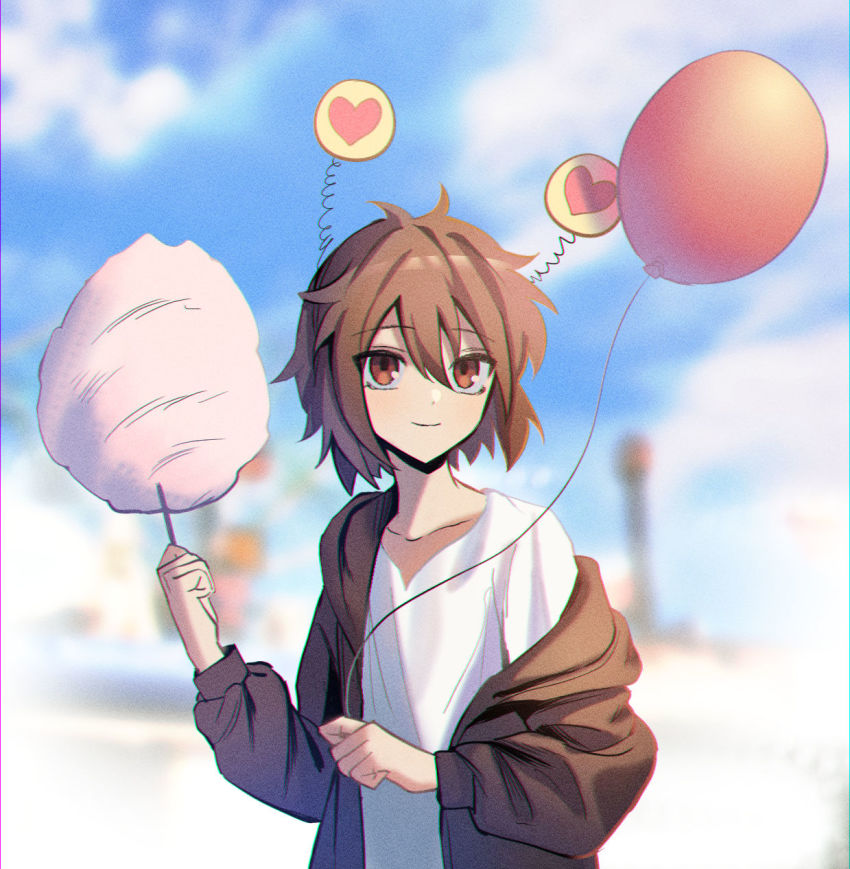 1boy, 7himebdgd, balloon, black_jacket, brown_eyes, brown_hair, candy, child