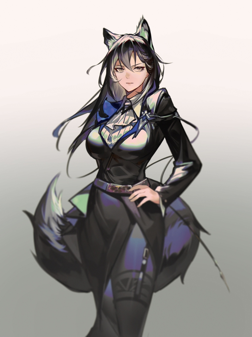 1girl, absurdres, animal_ear_fluff, animal_ears, arknights, ascot, black_eyes, black_hair