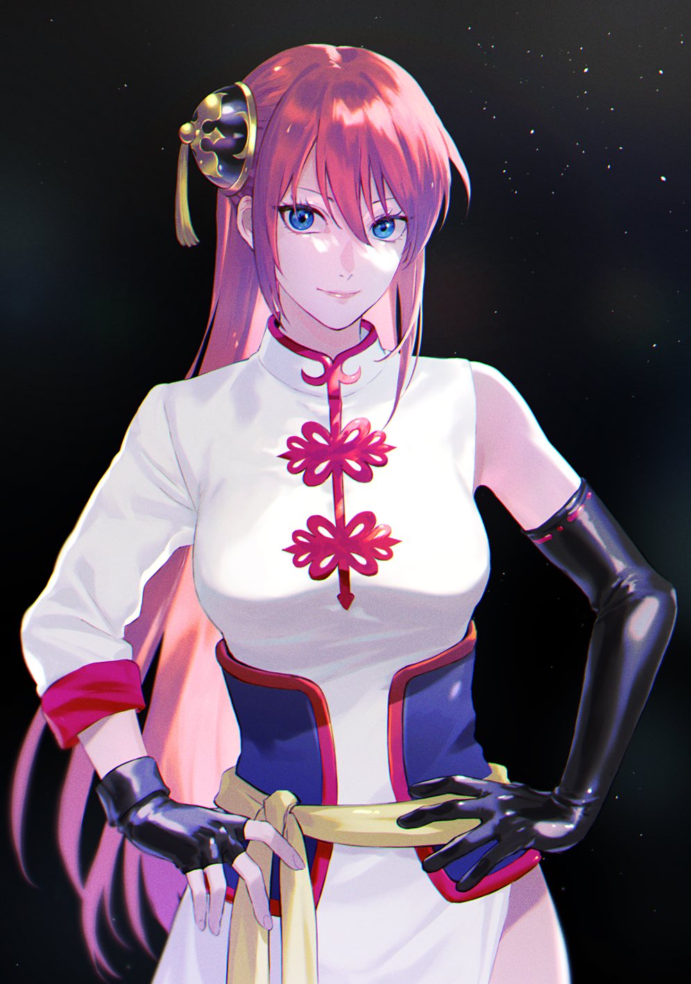 1girl, asymmetrical_sleeves, belt, black_background, black_gloves, blue_eyes, breasts, china_dress