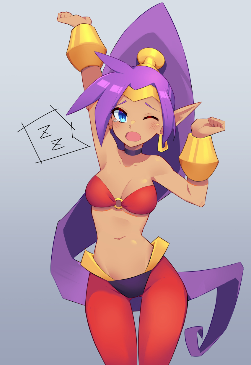 ;o, absurdres, arm_up, armpits, asymmetrical_bangs, black_choker, blue_eyes, blush, bracer, breasts, choker, circlet, cowboy_shot, dark-skinned_female, dark_skin, earrings, goat_king, hand_up, harem_pants, highres, jewelry, long_hair, medium_breasts, midriff, navel, o-ring, o-ring_top, one_eye_closed, pants, pointy_ears, ponytail, purple_hair, red_pants, shantae, shantae_(series), stretching, very_long_hair, yawning