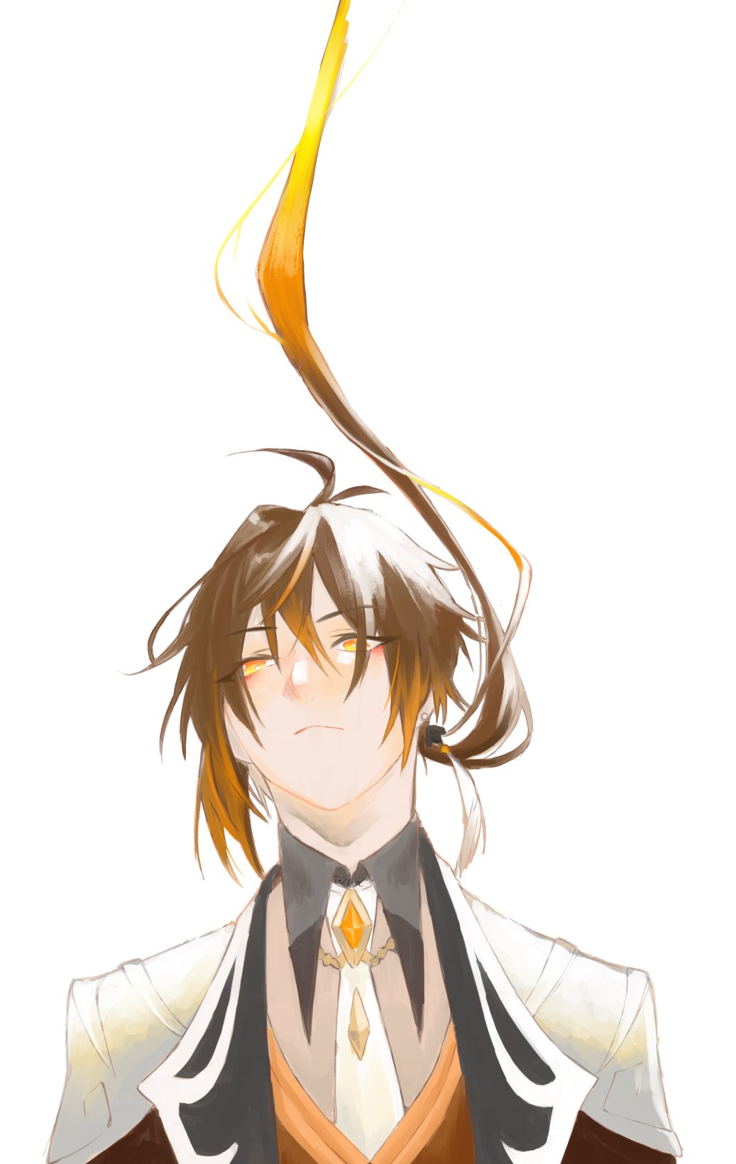 1boy, :<, antenna_hair, black_gloves, brown_hair, coat, commentary_request, earrings