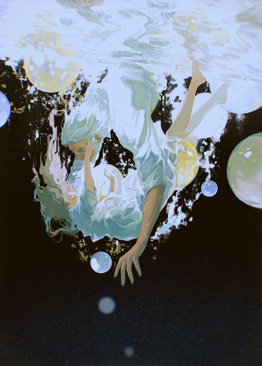 1boy, 1girl, absurdres, air_bubble, asphyxiation, barefoot, beard, black_background