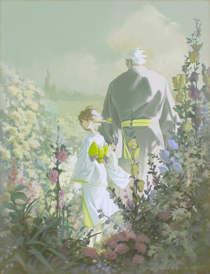 1boy, 1girl, absurdres, arm_at_side, arms_at_sides, beard, brown_eyes, brown_hair