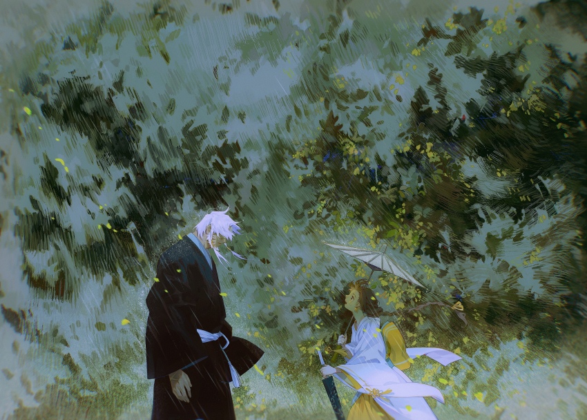 1boy, 1girl, beard, black_kimono, braid, braided_ponytail, brown_hair, closed_umbrella