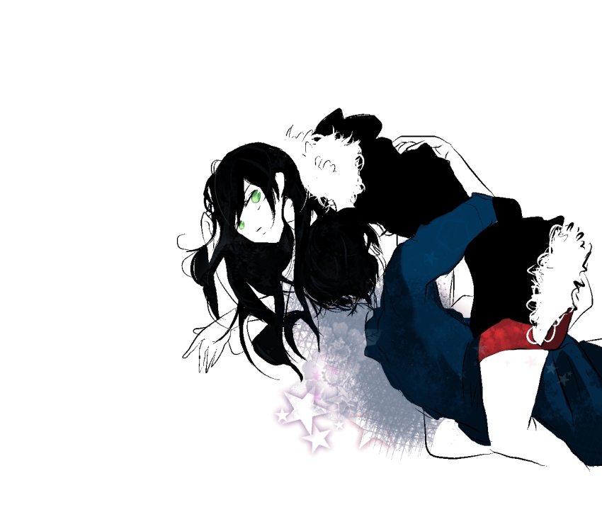 1boy, 1girl, back, bad_id, bad_pixiv_id, black_hair, borrowed_clothes, closed_eyes, couple, durarara!!, ek_ko, green_eyes, hand_in_own_hair, hand_on_own_head, hetero, hug, jacket, long_hair, messy_hair, miniskirt, orihara_izaya, simple_background, skirt, white_background, yagiri_namie