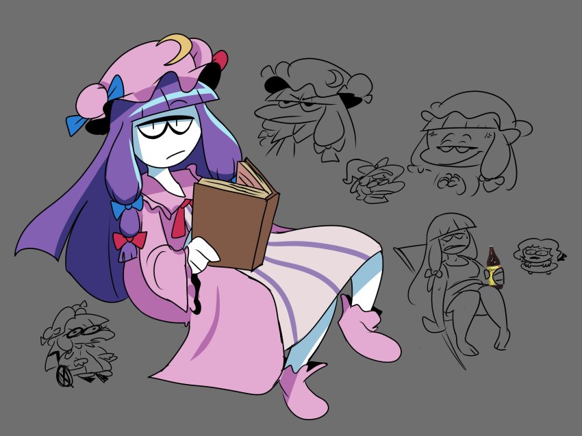 3girls, :/, alcohol, anger_vein, beer, beer_bottle, blue_bow, blue_ribbon, blunt_bangs, book, boots, bottle, bow, capelet, chair, chibi, chibi_inset, commentary, crescent, crescent_hat_ornament, dress, grey_background, hair_bow, hat, hat_ornament, hat_ribbon, highres, holding, holding_book, holding_bottle, kirisame_marisa, long_hair, looking_at_viewer, mob_cap, multiple_girls, multiple_views, open_book, patchouli_knowledge, pink_boots, purple_hair, raised_eyebrow, red_bow, red_ribbon, remilia_scarlet, ribbon, robe, simple_background, sitting, sketch, sr_pelo, striped_clothes, striped_dress, touhou, wheelchair