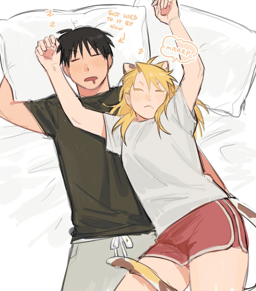 1boy, 1girl, animal_ears, arm_up, arms_up, arrow_(symbol), bare_arms, bed_sheet