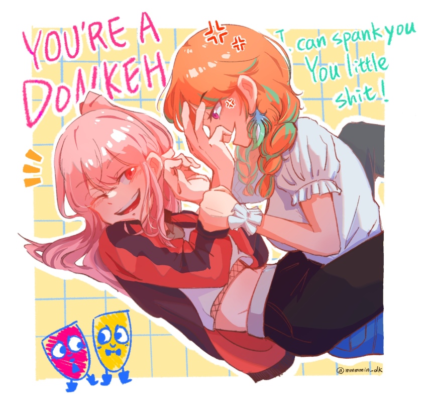 2girls, anger_vein, blouse, couple, crop_top, earrings, english_text, feather_earrings