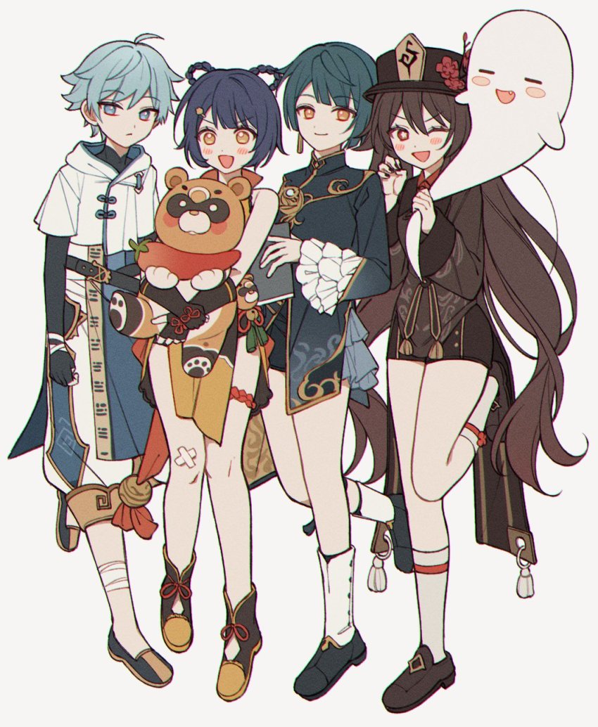 2boys, 2girls, bad_id, bad_twitter_id, black_nails, blonde_hair, blush, book