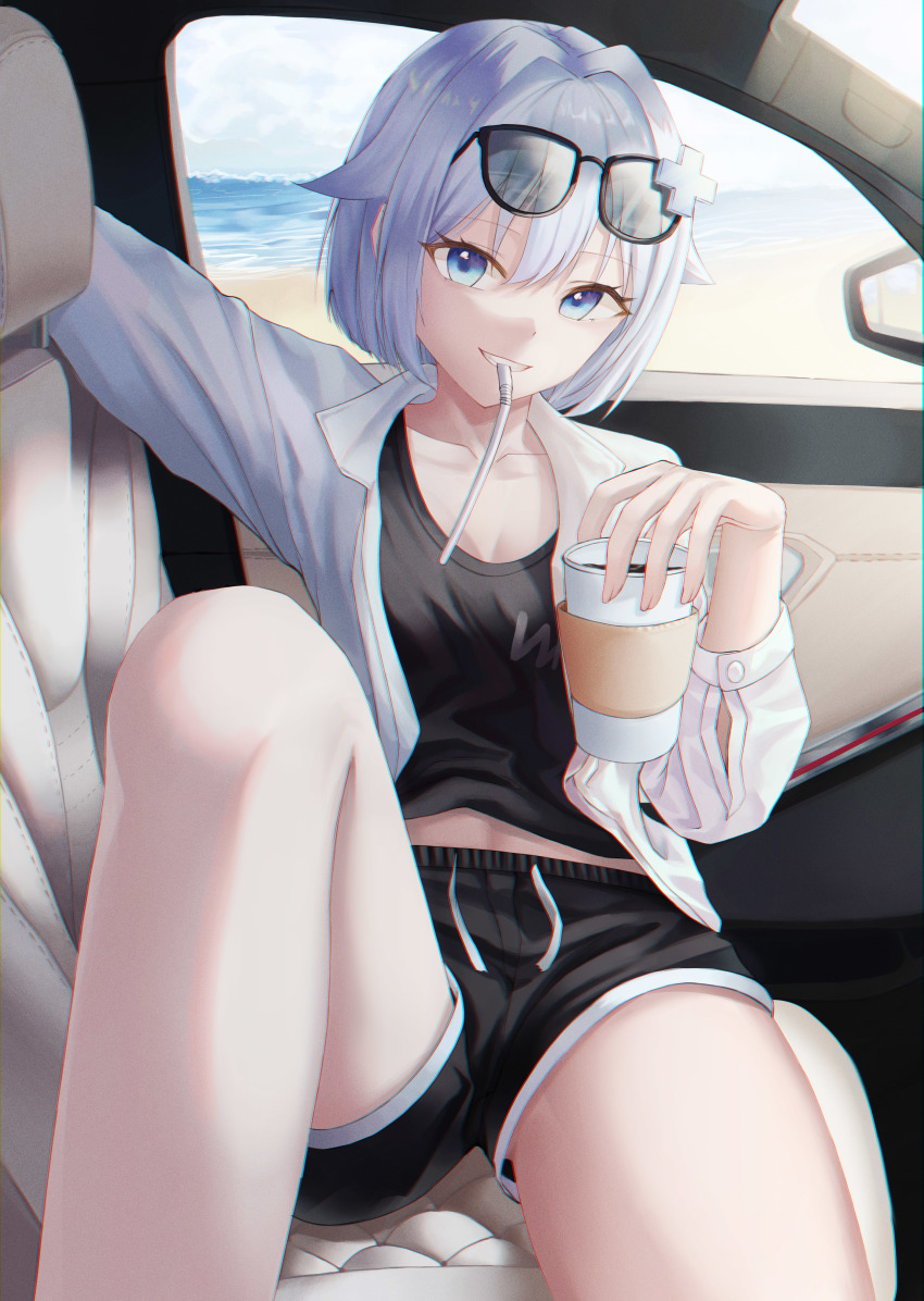 1girl, absurdres, beach, black_shorts, black_tank_top, blue_eyes, car_interior, cat