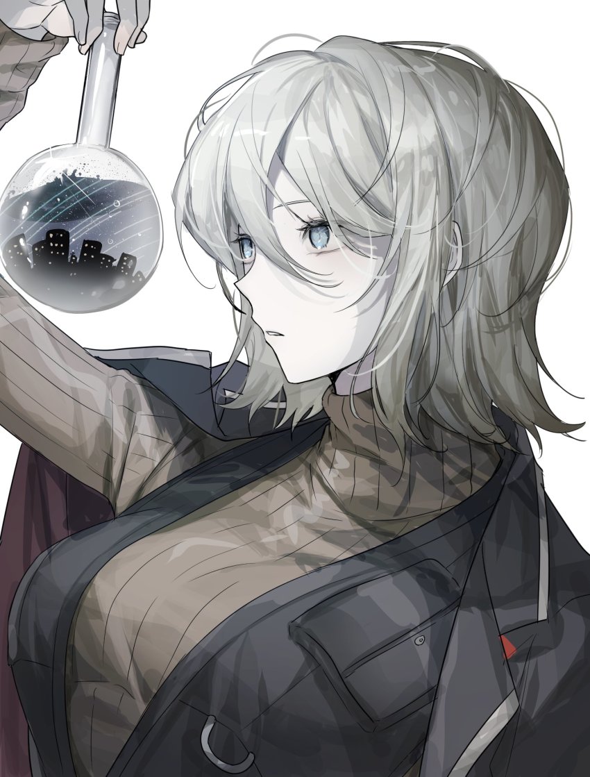 1girl, black_coat, black_vest, blue_eyes, breasts, coat, coat_on_shoulders, faust_(project_moon), highres, holding, large_breasts, limbus_company, medium_hair, project_moon, scientist, sweater, tkylv1683, vest, white_background, white_hair