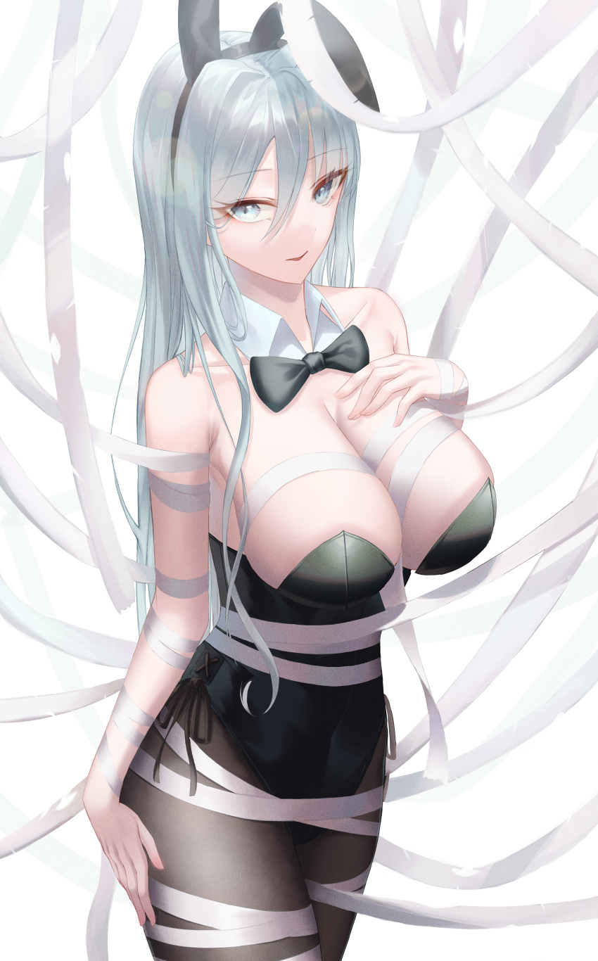 1girl, absurdres, animal_ears, between_breasts, black_bow, black_hairband, black_pantyhose, blue_eyes