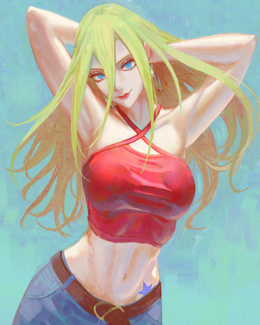 1girl, armpits, arms_up, belt, blonde_hair, blue_background, blue_eyes, blue_pants, crop_top, earrings, flowersbloodart, halterneck, highres, hoop_earrings, jewelry, jupiter's_legacy, kasey_(super_crooks), lipstick, makeup, midriff, navel, pants, simple_background, standing, star_(symbol), star_tattoo, super_crooks, tattoo