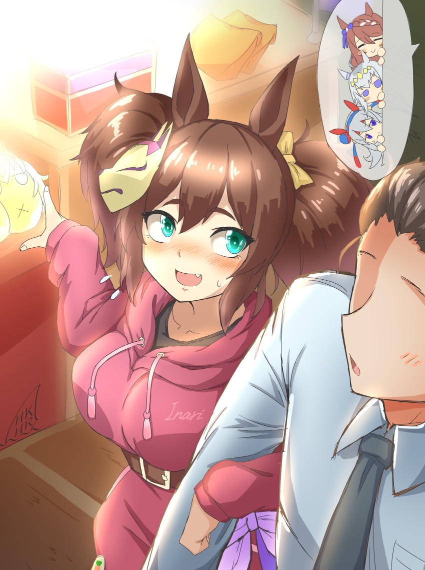1boy, 4girls, alternate_costume, animal_ears, blush, breasts, brown_hair, chibi, fang, green_eyes, grey_hair, hekahire_isurus, highres, horse_ears, inari_one_(casual)_(umamusume), inari_one_(umamusume), large_breasts, long_hair, multiple_girls, oguri_cap_(umamusume), peeking_out, pointing, super_creek_(umamusume), tamamo_cross_(umamusume), trainer_(umamusume), twintails, umamusume